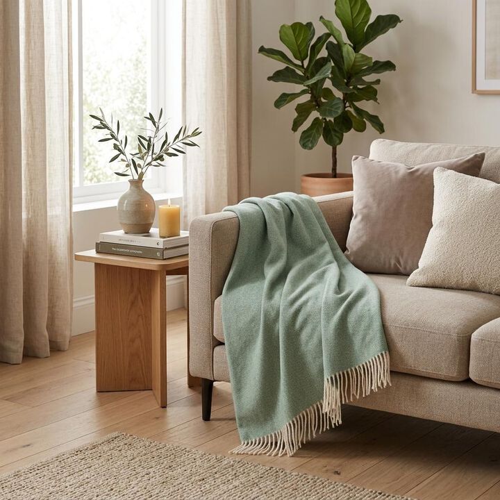 HomeRoots 50" X 60" Green And Ivory Woven Herringbone Plush Throw Blanket with Tassels