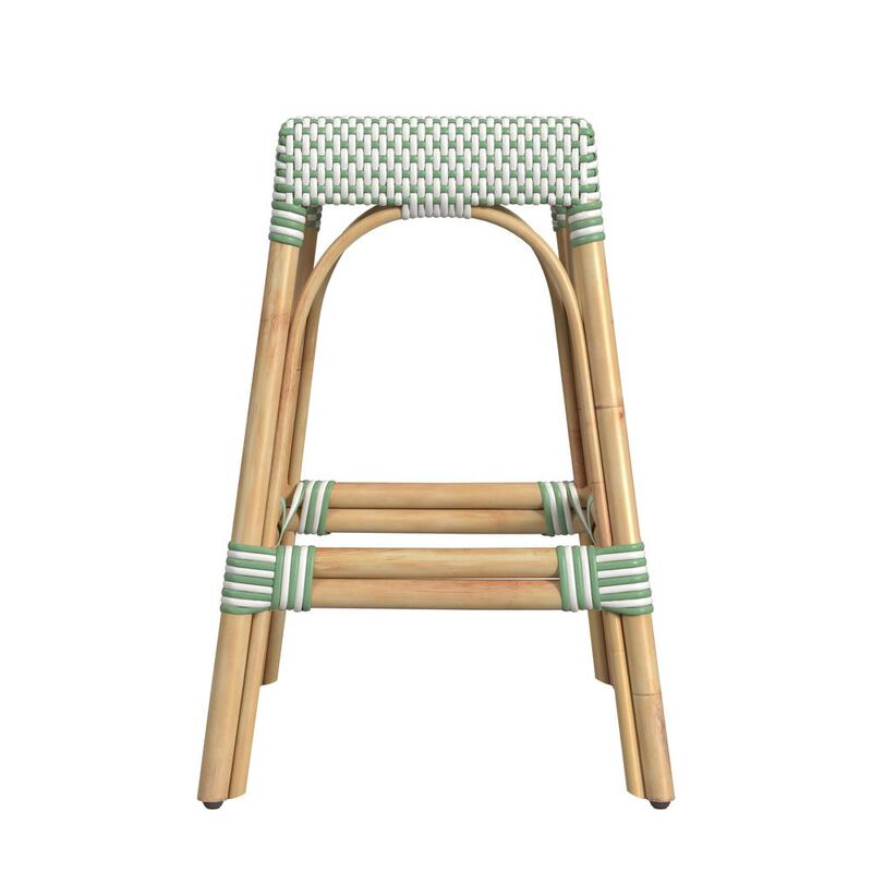 Butler Specialty Robias Rectangular Rattan 24.5 Counter Stool, White and Green Dot