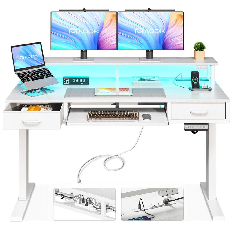 AODK Electric Standing Desk with Drawers & Keyboard Tray, 47 Inch Height Adjustable Small Gaming Desk with Power Outlets & LED L