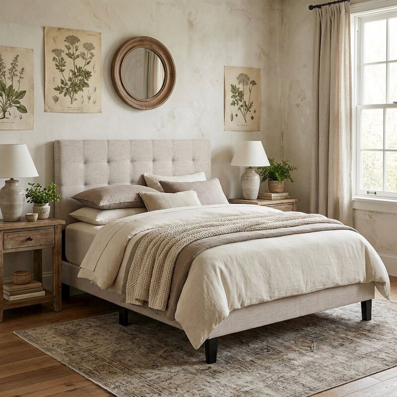 Tufted Upholstered Headboard in Linen Fabric, Elegant Design for King Bed image number 2