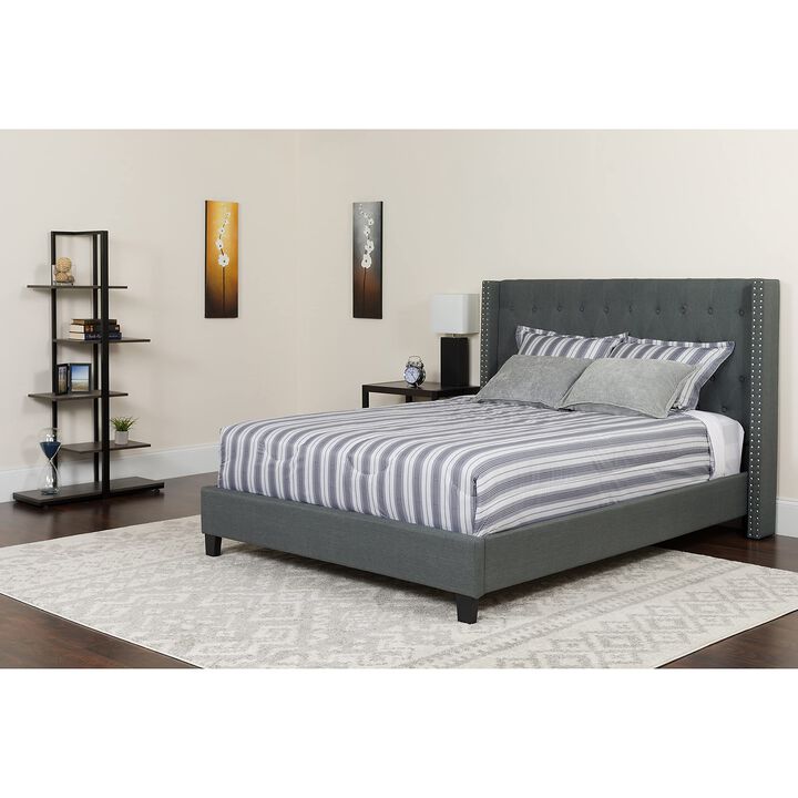 Riverdale Full Size Tufted Upholstered Platform Bed in Dark Gray Fabric with Pocket Spring Mattress