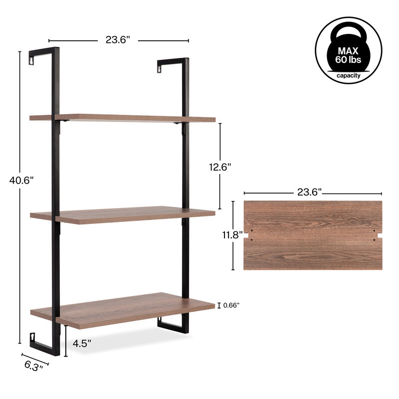 Madera  Industrial 3-Shelf Wood Wall-Mounted Open Ladder Bookcase