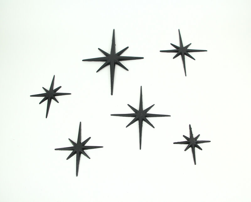 Set of 6 Black Cast Iron Starburst Wall Hangings Mid Century 8 Pointed Stars image number 2