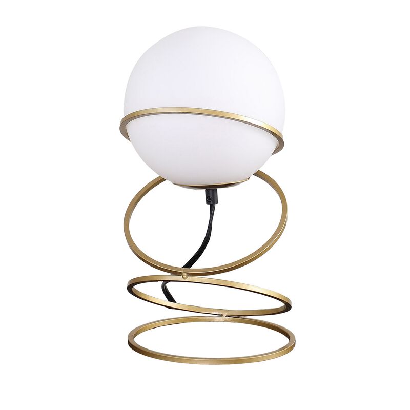 Table Lamp, White Glass Globe, 4 Spiral Ring Accented Base 14 Inch - Benzara