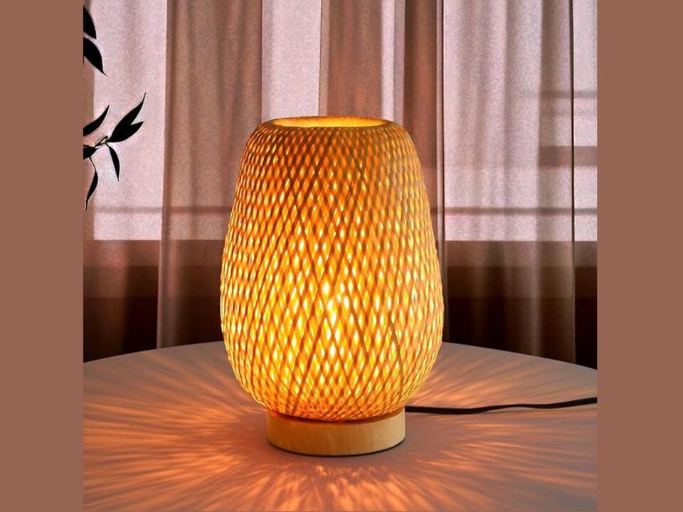 Boho Rattan Table Lamp Stepless Dimmable Wicker Wooden Bedside Lamp