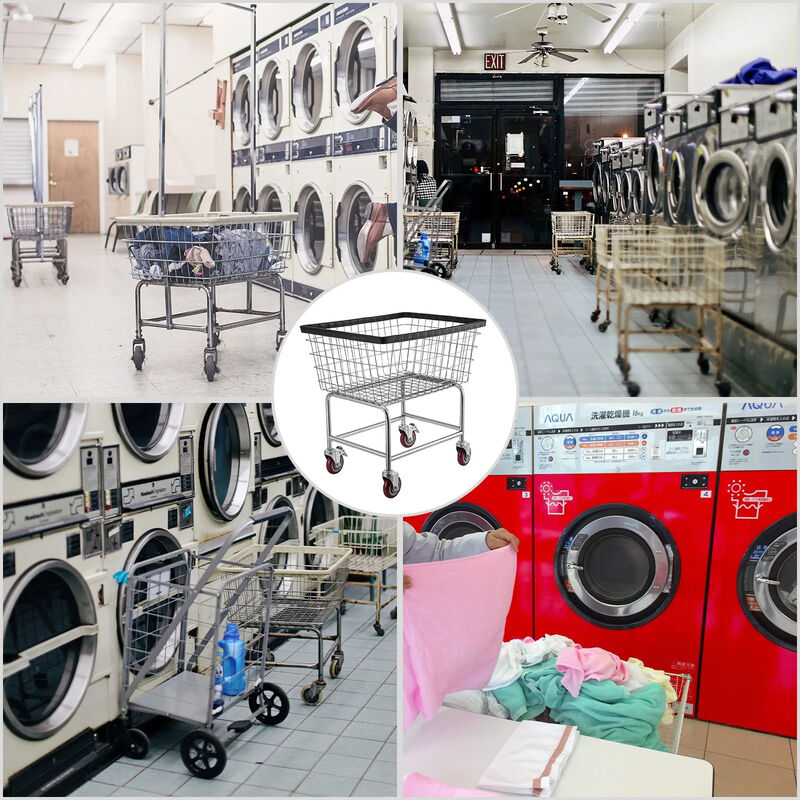 Commercial Wire Laundry Basket Cart with Casters, 2.8 Bushel Steel Frame-Silver image number 3