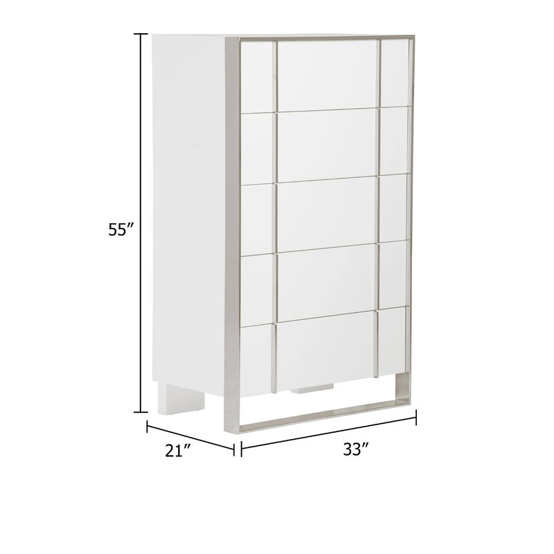 Cid Xato Tall Dresser Chest, Glossy White Wood and Steel, 5 Drawers, 55 Inch - Benzara