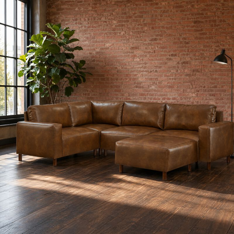 Sledve Mid‑Century Modern Breathable Faux‑Leather 5‑Piece Sectional Sofa image number 2