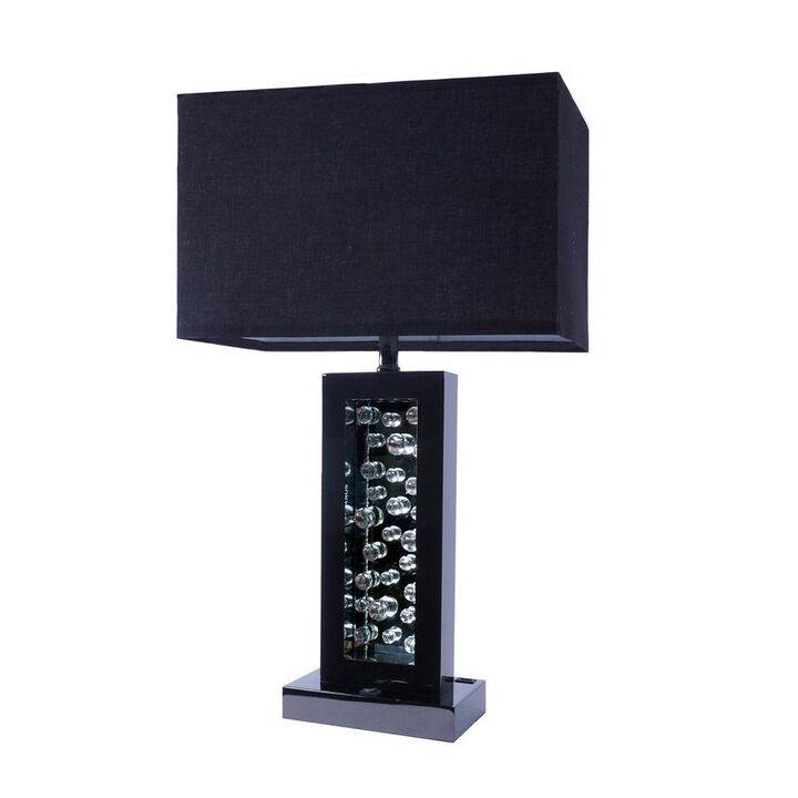 28 Inch Nickel Table Lamp, Black Fabric Shade, Glass Panel and LED Accents-Benzara