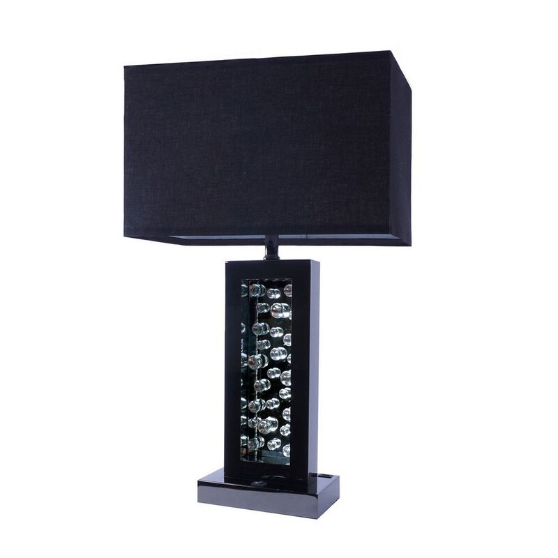 28 Inch Nickel Table Lamp, Black Fabric Shade, Glass Panel and LED Accents - Benzara
