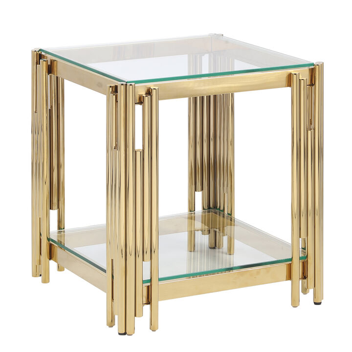Furniture Wide Square End Table with Glass Top, Golden Stainless Steel Tempered Glass Coffee Table for Living Room
