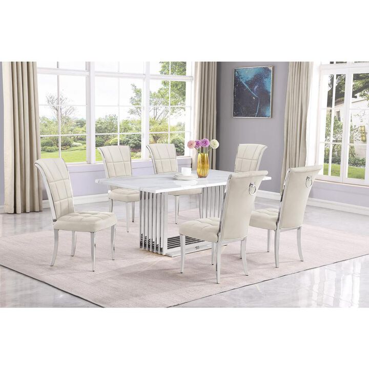 7pc Small(68") marble top dining set with silver base and 6 Cream side chairs