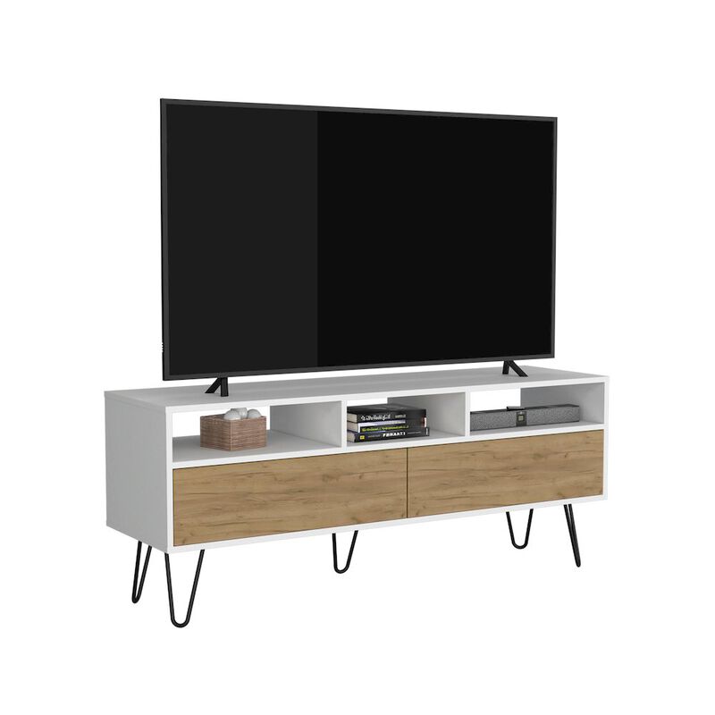 Salunga TV Stand, 2 Doors, 3 Shelves, 5 Legs, White/Natural Oak