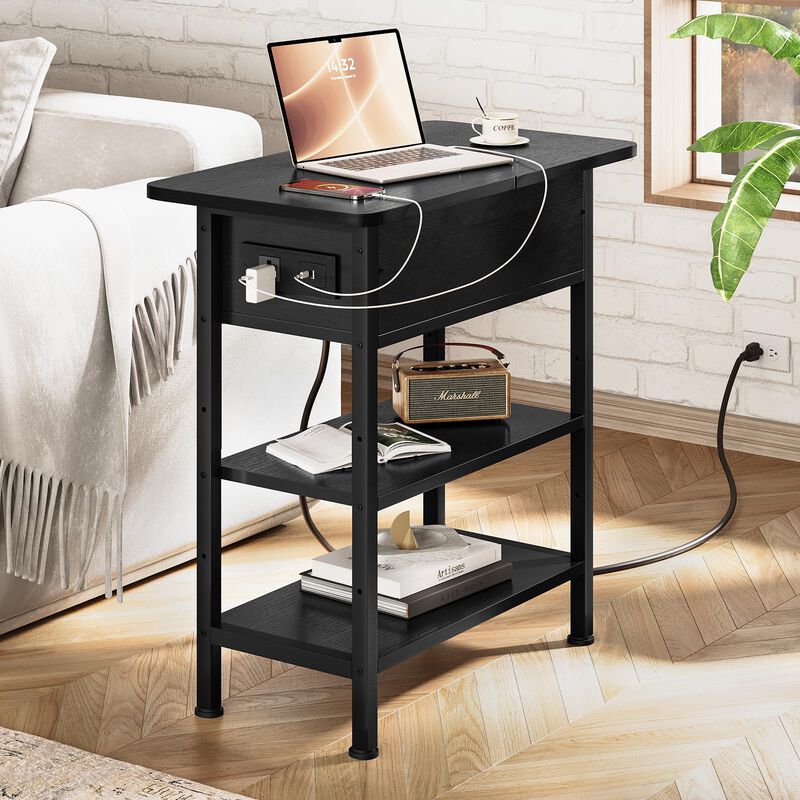 GRUSIGN End Table with Charging Station, Flip Top Side Table with USB Ports and Outlets, 3-Tier Small Side Table with Storage fo