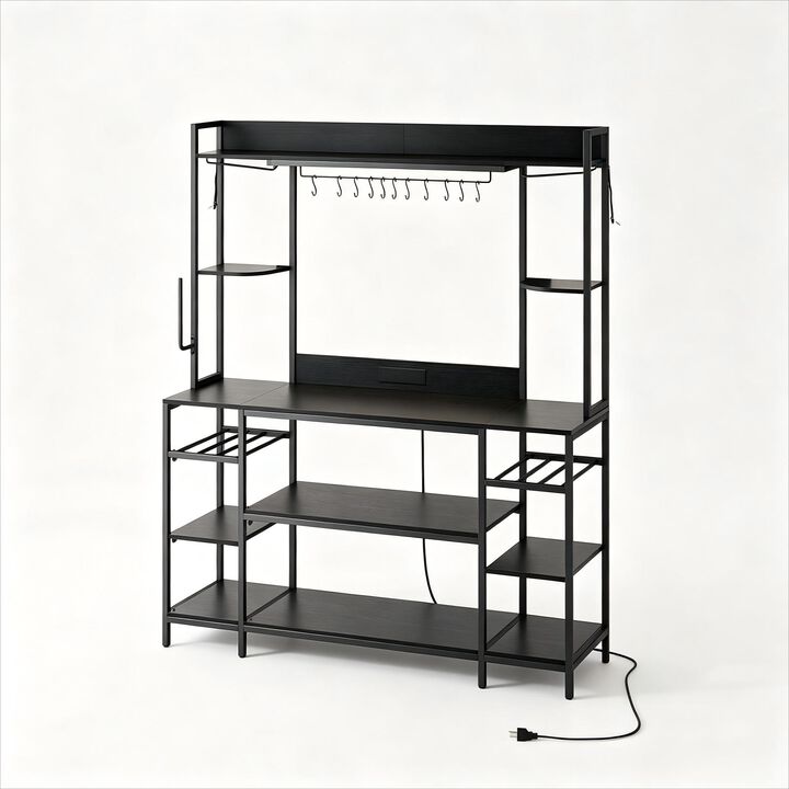 Large Bakers Rack with LED Lights & Power Outlet, 55" Wide Microwave Stand, 6-Tier Kitchen Racks and Shelves, Wine Glass Holder, 11 Hooks with App Control