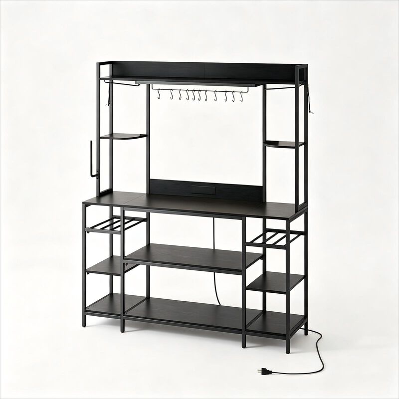 Large Bakers Rack with LED Lights & Power Outlet, 55" Wide Microwave Stand, 6-Tier Kitchen Racks and Shelves, Wine Glass Holder, 11 Hooks with App Control image number 0