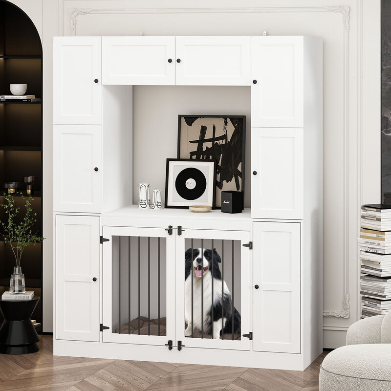 Dog House Storage Cabinet Bookshelf Furniture Style, Indoor Wood Dog Crate Bookcase with 7 Large Shelves, White