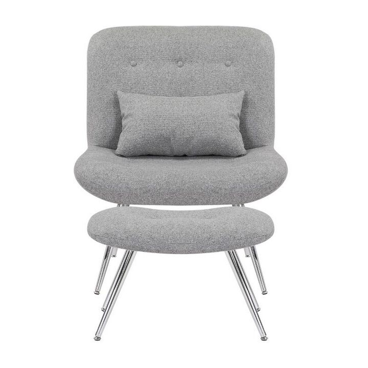 Lea 2pc Modern Lounge Chair and Ottoman Set, Gray Woven Upholstery, Chrome - Benzara