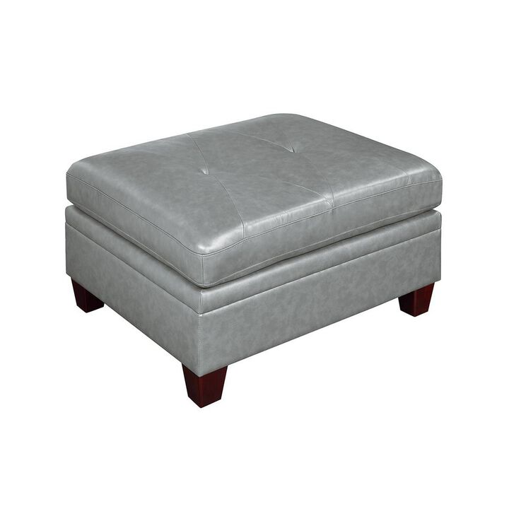 Samy 37 Inch Ottoman, Cushioned, Gray Faux Leather Upholstery, Wood - Benzara