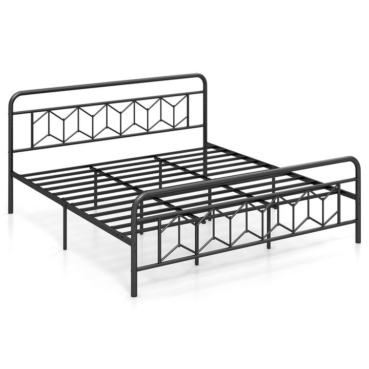 Platform Bed with High Headboard and Snap Lock Metal Slats Support