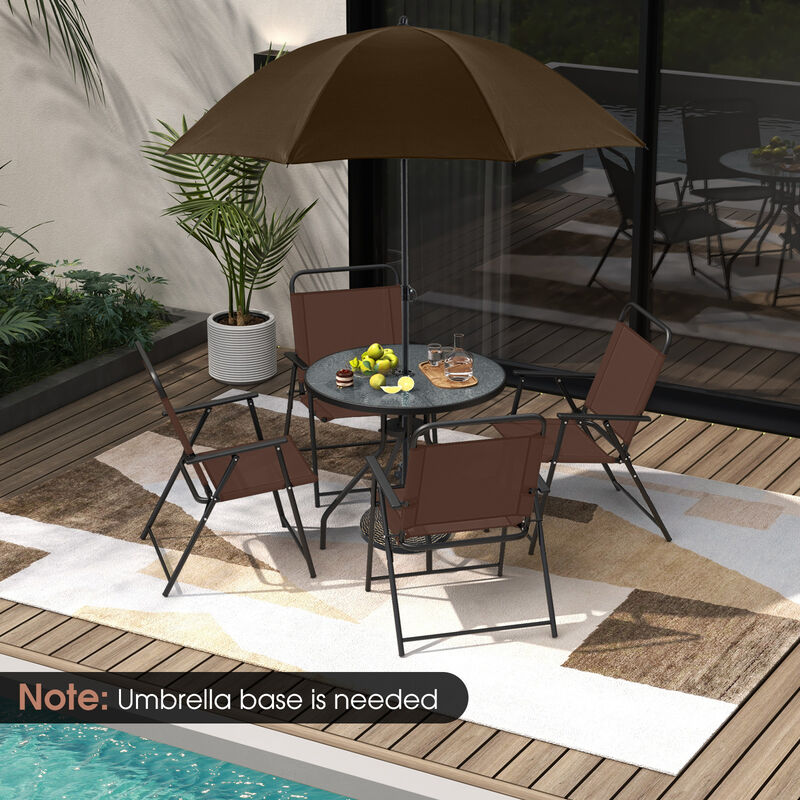 6 Pieces Patio Dining Set Folding Chairs Glass Table Tilt Umbrella for Garden