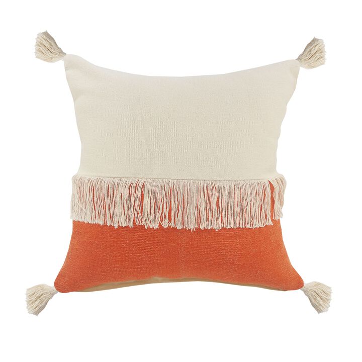 20" Orange and White Fringe Color Block Square Throw Pillow