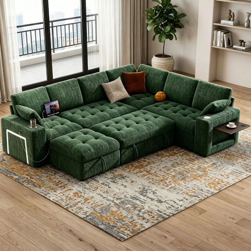 Vipbear 110" Modular Sectional Sleeper Sofa, Pull Out Bed, 7-Seat Chenille L-Shaped Couch, Storage image number 4