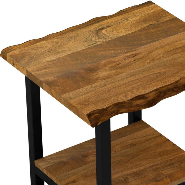 Modern Industrial End Table &ndash; Solid Wood Top with Open Metal Shelf