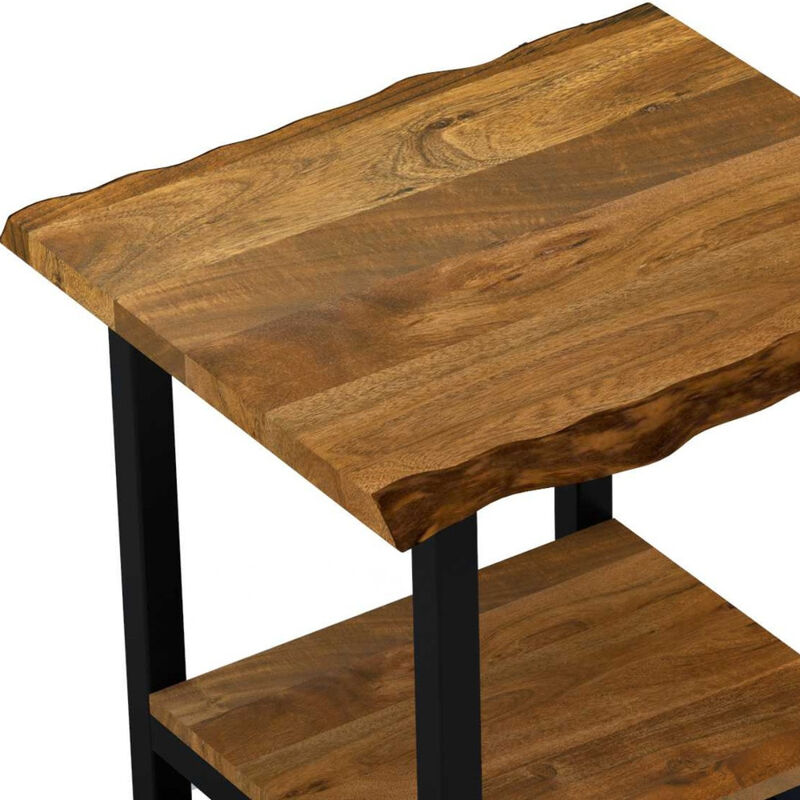 Modern Industrial End Table &ndash; Solid Wood Top with Open Metal Shelf