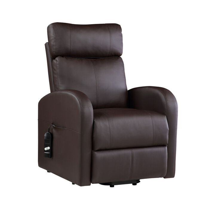 Power Lift Recliner Chair with Faux Leather and Wired Controller, Brown-Benzara
