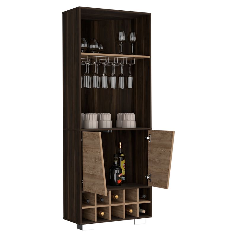 Fraktal Corner Bar Cabinet, Ten Built-in Wine Rack, Two Shelves, Double Door -Dark Oak / Pine