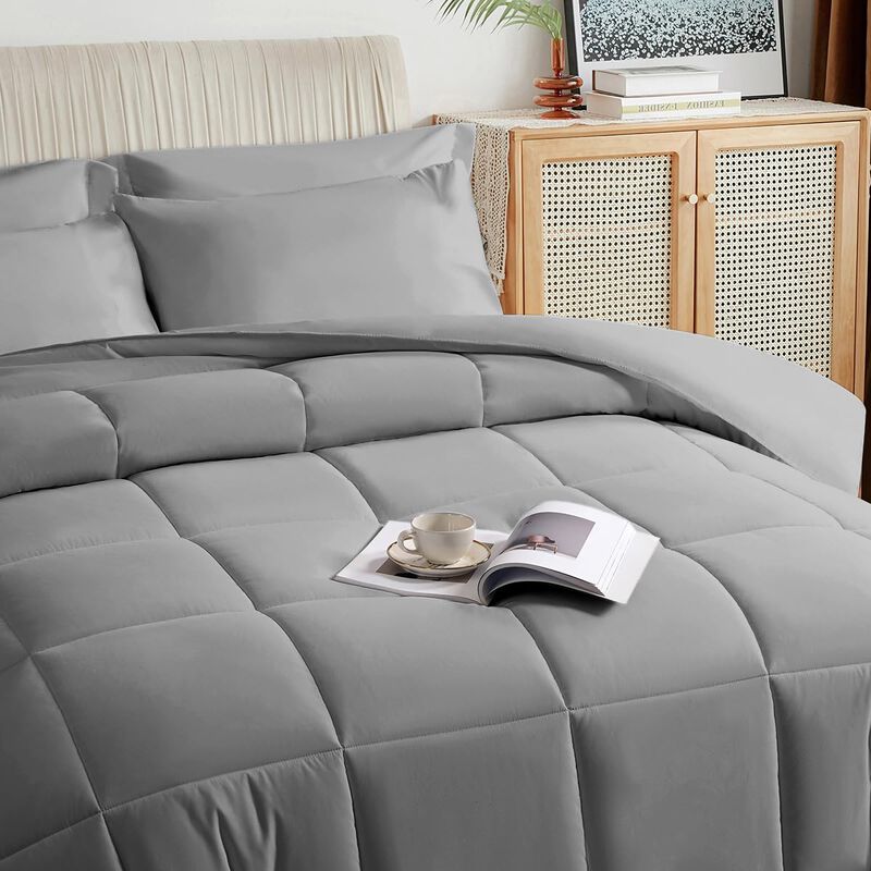 TAIMIT Grey Full Size Comforter Set - 7 Pieces, Bed in a Bag Bedding Sets with All Season Soft Quilted Warm Fluffy Reversible Co
