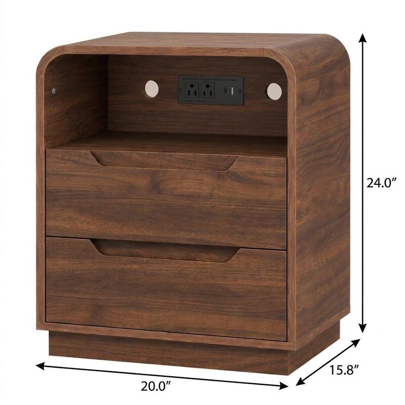 HomeRoots Ashen Fold Wood Two Drawer Nightstand with USB Port and Integrated Tech image number 4