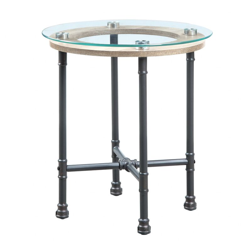 Homezia 24" Sandy Gray And Clear Glass And Metal Round End Table
