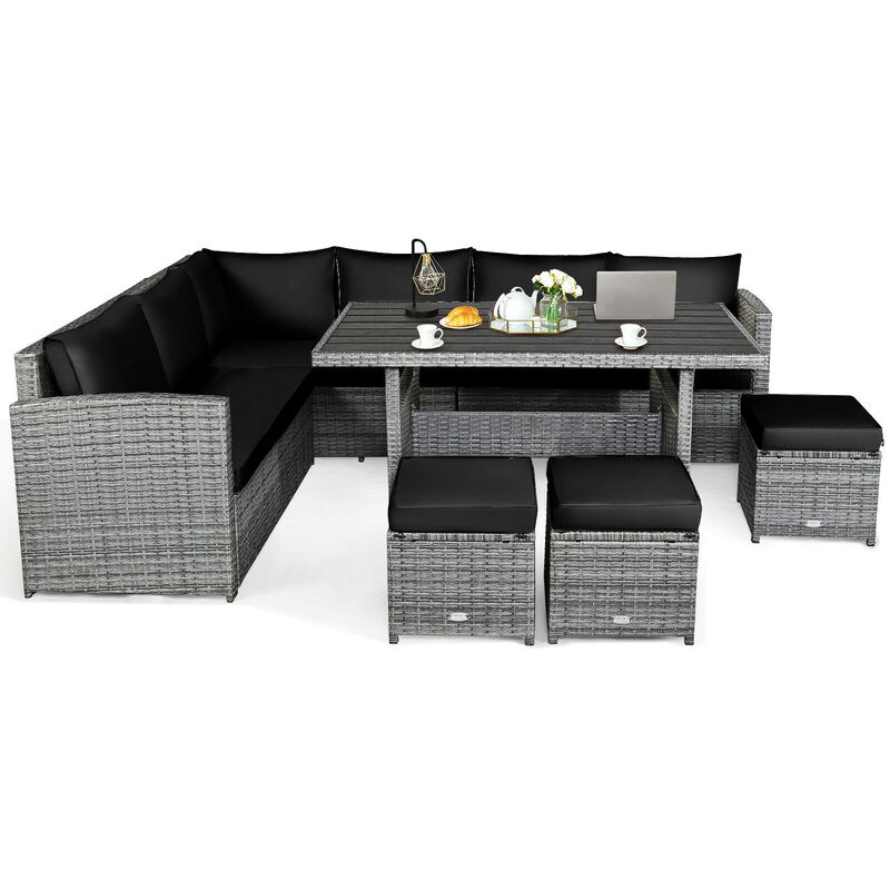 7 Pieces Patio Rattan Dining Furniture Sectional Sofa Set with Wicker Ottoman