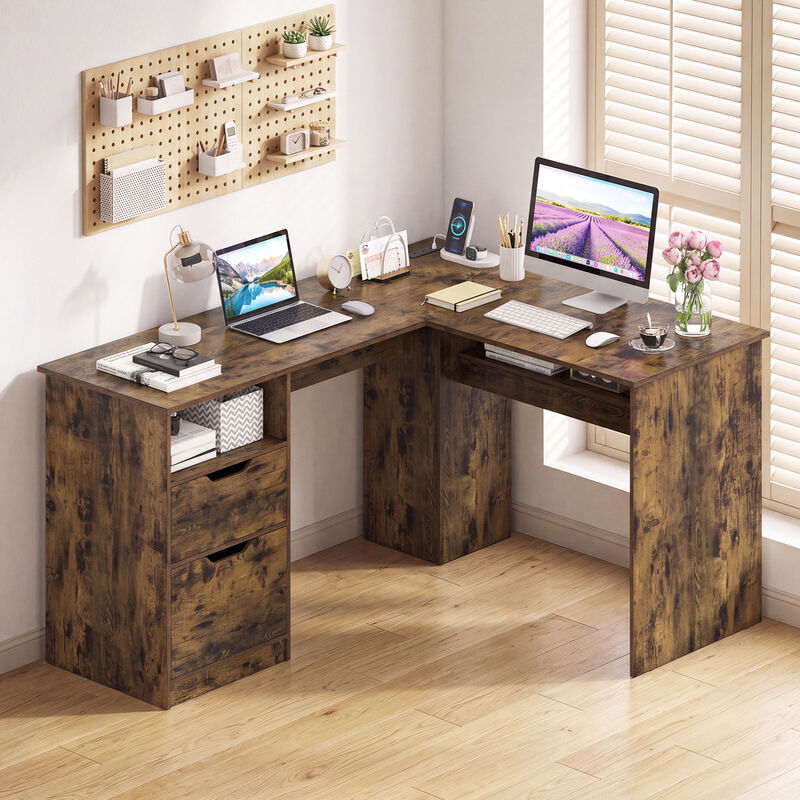 L Shaped Executive Computer Desk with Power Outlets Drawers and Bookshelf image number 5