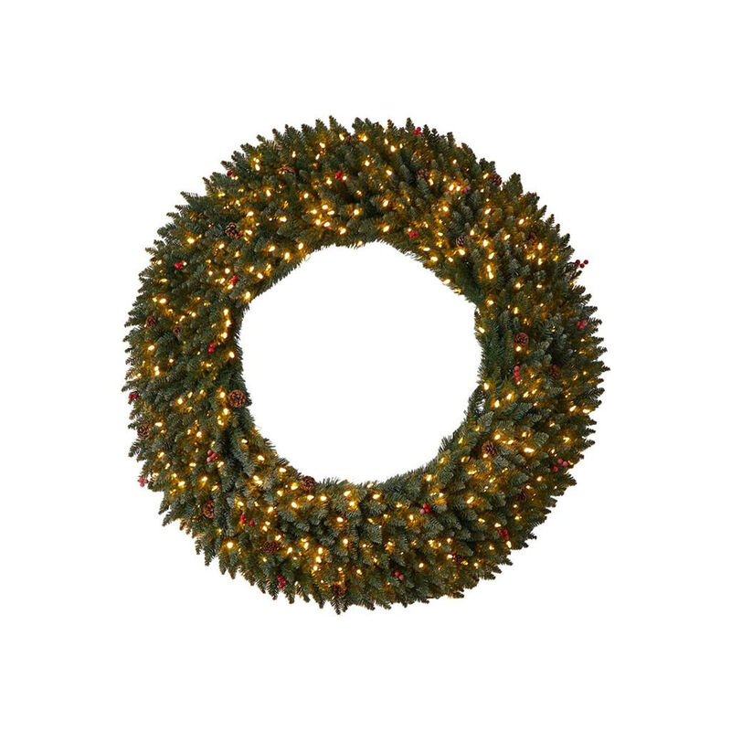 Nearly Natural Large Flocked Artificial Christmas Wreath with Pinecones, Berries, Clear LED Lights and Bendable Branches image number 2