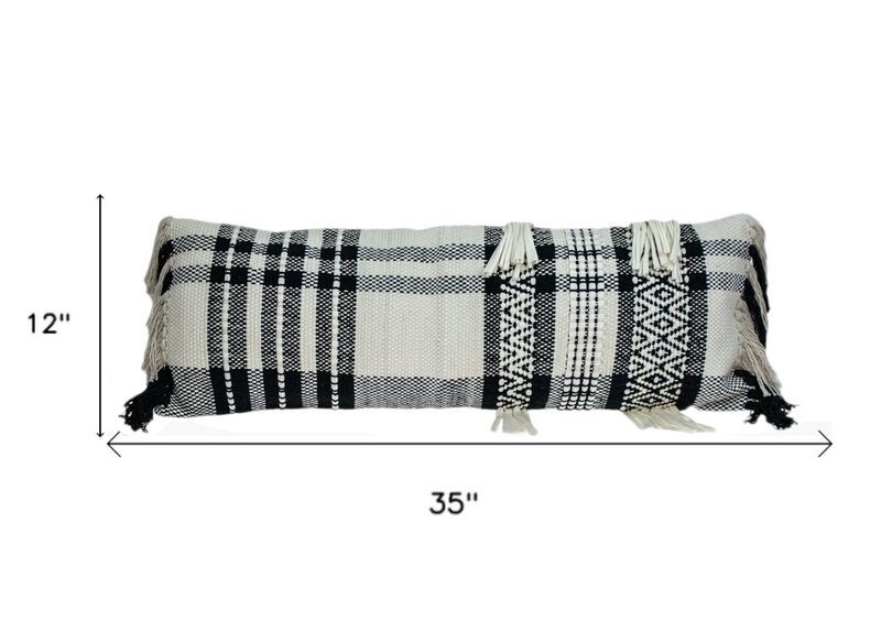 HomeRoots 12" X 35" Black and White Plaid Cotton Lumbar Throw Pillow With Fringe image number 5