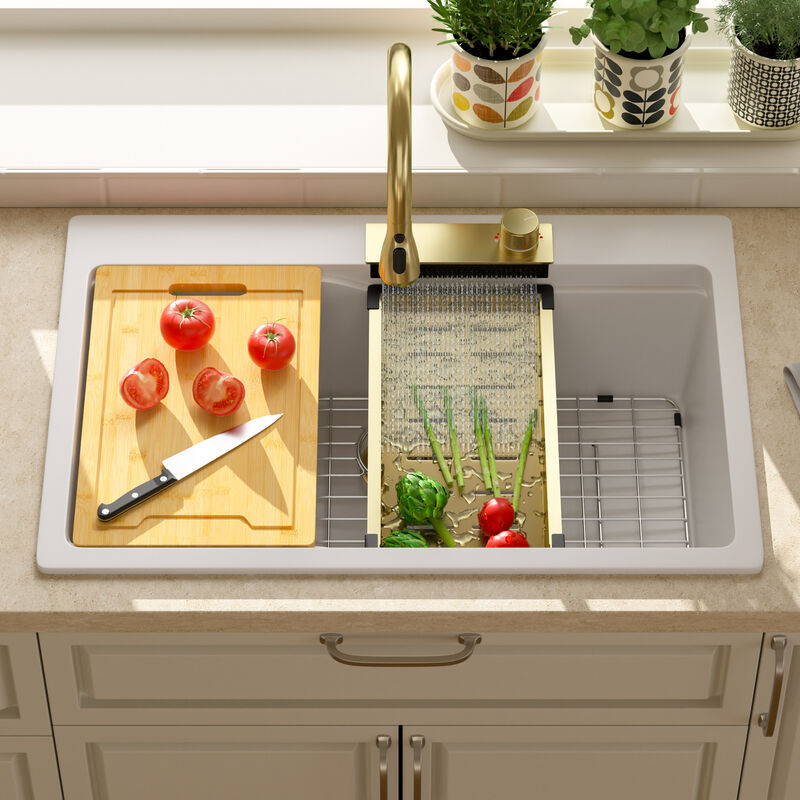 33x22x10 Inch White Granite Composite Waterfall kitchen Sink Drop In Single Bowl Quartz Workstation Kitchen Sink