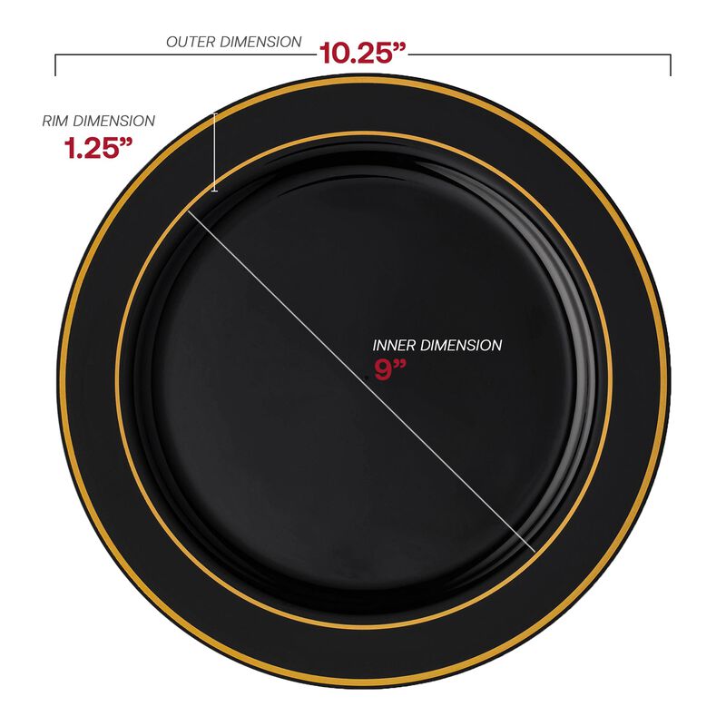 10.25" Black with Gold Edge Rim Plastic Dinner Plates (120 Plates) image number 2