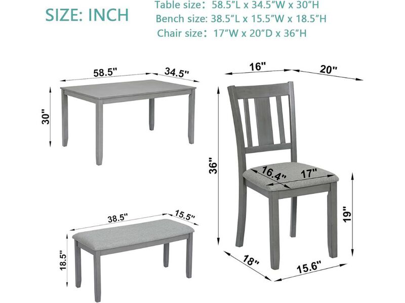 Dining Set &ndash; 6‑Piece Gray Farmhouse Wood Table with 4 Chairs & Upholstered Bench image number 1