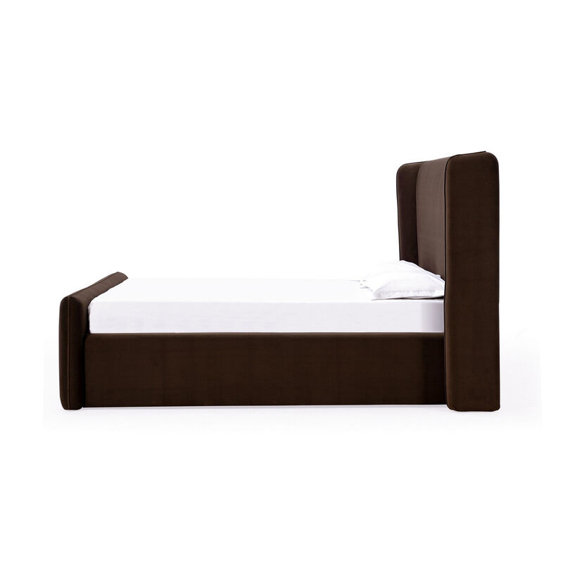 Baca Queen Platform Bed, Velvet Upholstery, Wingback Headboard, Brown - Benzara image number 1