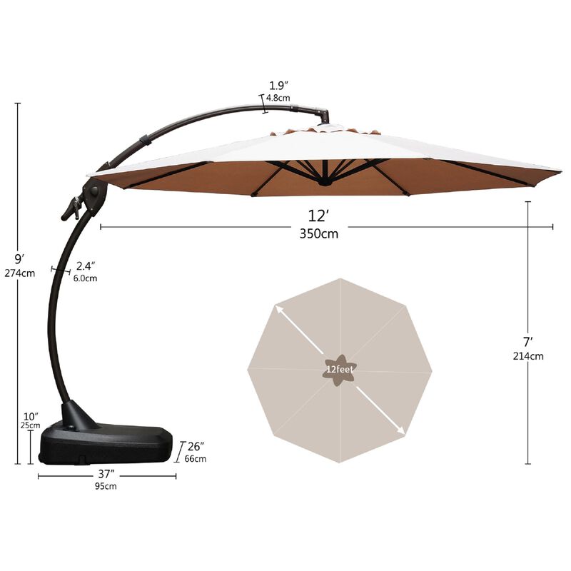 Mondawe 12ft Premium Cantilever Umbrella,With Sunbrella Fabric And Wheels 8 Steel Ribs Umbrella