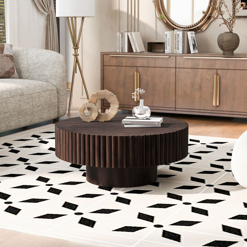 31.5'' Round Wood Coffee Table, Modern Fluted Drum Tea Table, Retro Circle Center Table image number 3
