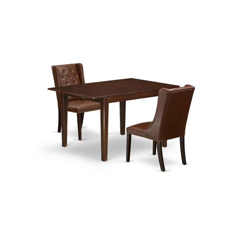 East West Furniture MLFO3-MAH-46 3-Piece Kitchen Table Set Includes 1 Butterfly Leaf Rectangular Dining Table and 2 Brown Linen Fabric dining room chairs with Button Tufted Back - Mahogany Finish