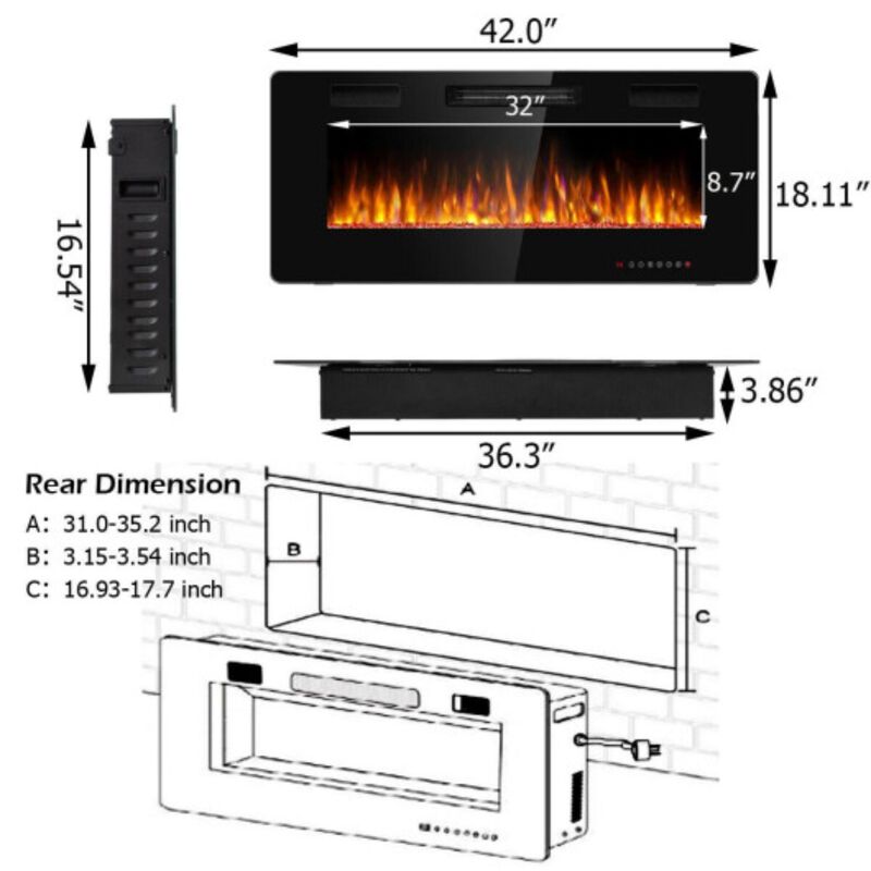 42 Inch Recessed Ultra Thin Electric Fireplace with Timer