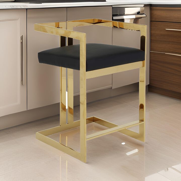 Suki 26 Inch Counter Height Chair, Black Faux Leather, Gold Cantilever Base
