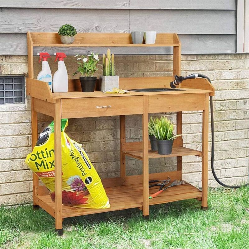 QuikFurn Outdoor Garden Wood Potting Bench Work Table with Sink in Light Wood Finish