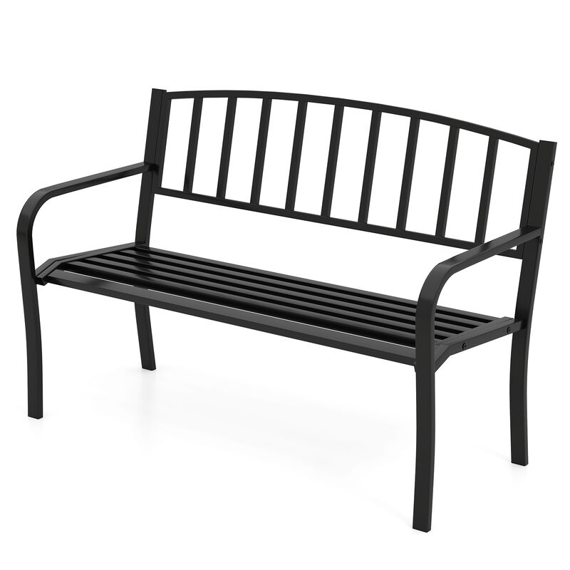 Outdoor Seating Bench with Slatted Backrest and Traditional Armrests
