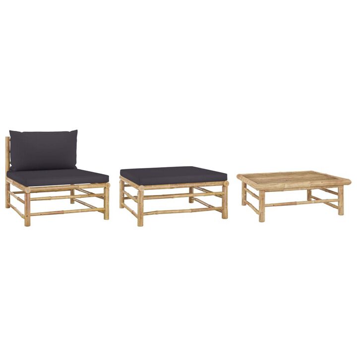 3pc Outdoor Modular Lounge Set, Table and Ottoman, Bamboo, Dark Gray - Benzara